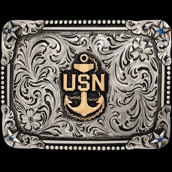 Honor our Navy with the Greak Lakes Custom Buckle. Detailed with stars on each corner, a double beaded & straight edge and beautiful scrollwork.